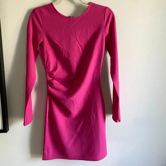 NWT H&M Hot Pink Gathered Scoop Neck Bodycon Mini Dress with Ruching Size XS - Picture 4 of 16